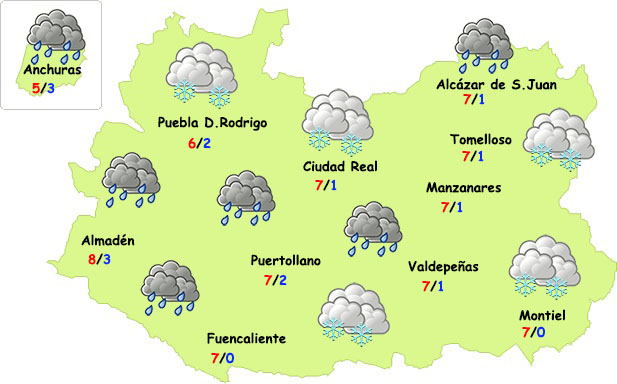 El tiempo en Ciudad Real: martes de chubascos de lluvia, nieve y bajada de temperaturas